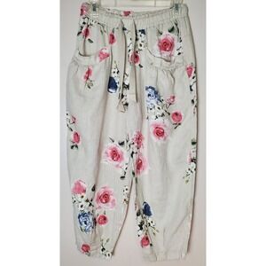 Belle France Linen Cropped Pull On Elastic Waist Pants Small Floral Romantic